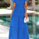 PRETTYGARDEN Womens Summer Eyelet Maxi Wedding Guest Dress | Square Neck Puff Short Sleeve Smocked Flowy Dresses, Cotton, With Pockets, Dress for Bridal Shower, Garden Party, Vacation (Blue, S)