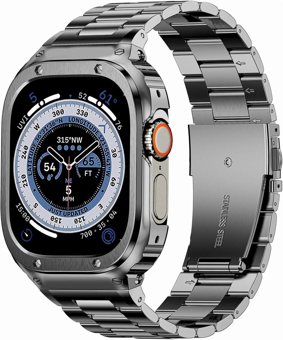 MioHHR Stainless Steel Band and Case Compatible with Apple Watch Band 49mm, Men Metal Protective Bumper Cover for iWatch Series Ultra 3/2/1, Space Gray