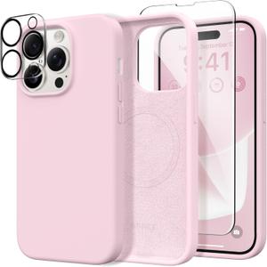 GONEZ for iPhone 14 Pro Max Case Silicone, Compatible with MagSafe, with Screen Protector + Camera Lens Protector, Liquid Silicone Shockproof Protective Phone 14 ProMax Case 6.7", Hot Pink