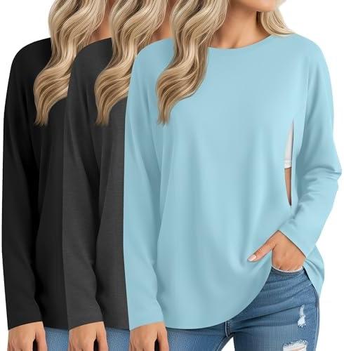 Sweetyweee 3 Pack Women's Nursing Breastfeeding Tops, Long Sleeve Maternity Shirts Oversize Hidden Zipper Pregnancy Clothes XL