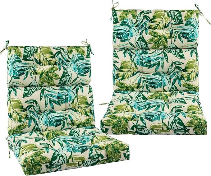 FUNHOME Outdoor High Back Chair Cushions Set of 2,Reversible Lawn Chair Cushion 44 x22 inch,Water Resistant Tufted Adirondack Chair Cushion,for Garden Rocking Chair,Patio Furniture(Palm Leaf)