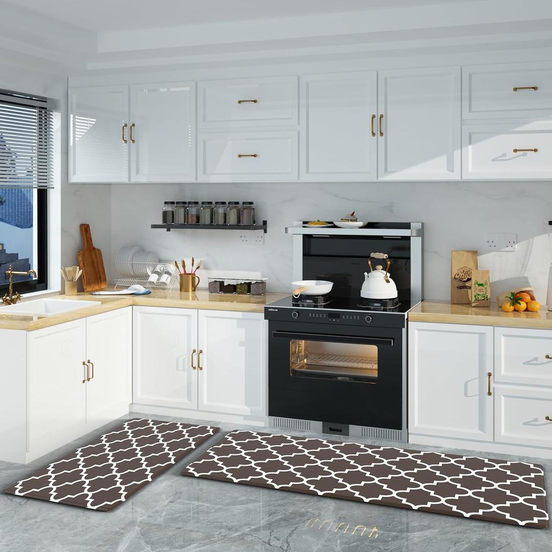 Kitchen Rug Set 2 PCS Kitchen Runner Rug Kitchen Floor Mat, Cushioned Anti Fatigue Non Skid Waterproof Comfort Standing for Kitchen, Home, Office, 17.3"x29"+17.3"x47", Brown