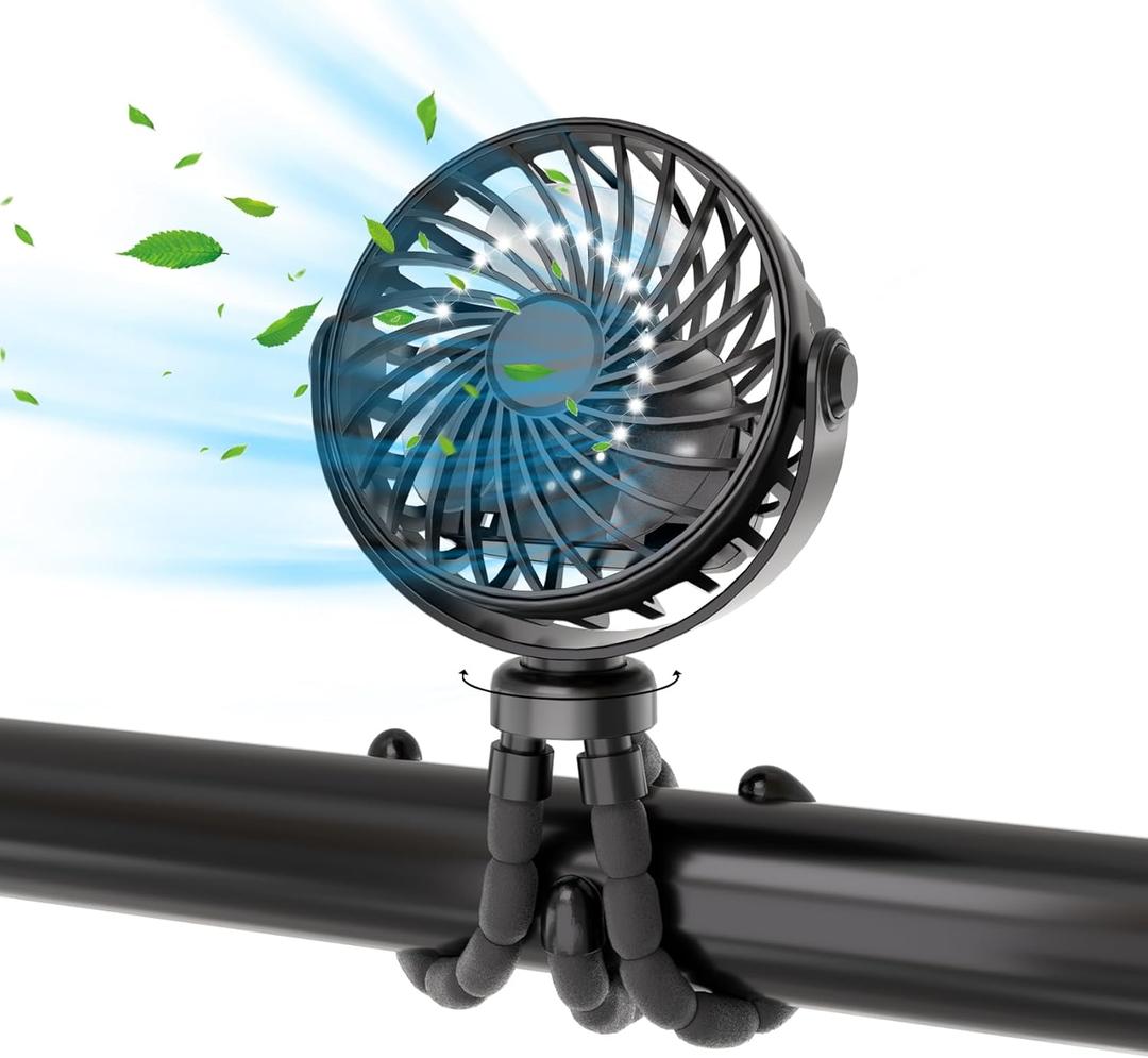 Mini Portable Stroller Fan, Battery Powered Clip On, Detachable 3 Speed 360 Rotating Flexible Handheld Tripod Fan for Car Seat Crib Treadmill Travel, Black
