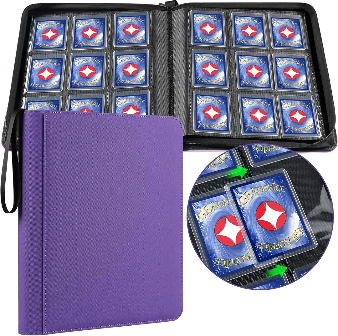GEAoffice Waterproof Top Loader Binder Holds 324 Cards, Side Loading 9 Pocket Card Binder for Toploader, PU Leather Card Collection Album Folder Holder for 3"4" Rigid, MTG, TCG, Sports Cards, Purple