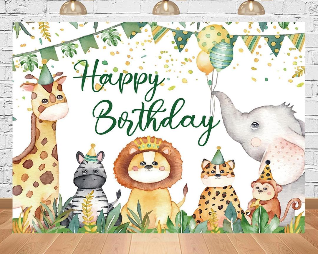 7x5ft Safari Jungle Animals Happy Birthday Backdrop Tropical Leaves Decor Banner Backdrop for Boy and Girl Birthday Baby Shower Decoration Photography Props
