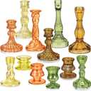 Mumufy 12 Pcs Thanksgiving Glass Crystal Taper Candle Holders Clear Amber Glass Candlestick Holder Fit 0.8 Inch Red Green Ribbed Taper Candlestick Holders Thanksgiving Centerpiece Table Wedding Dining (Stylish Color)