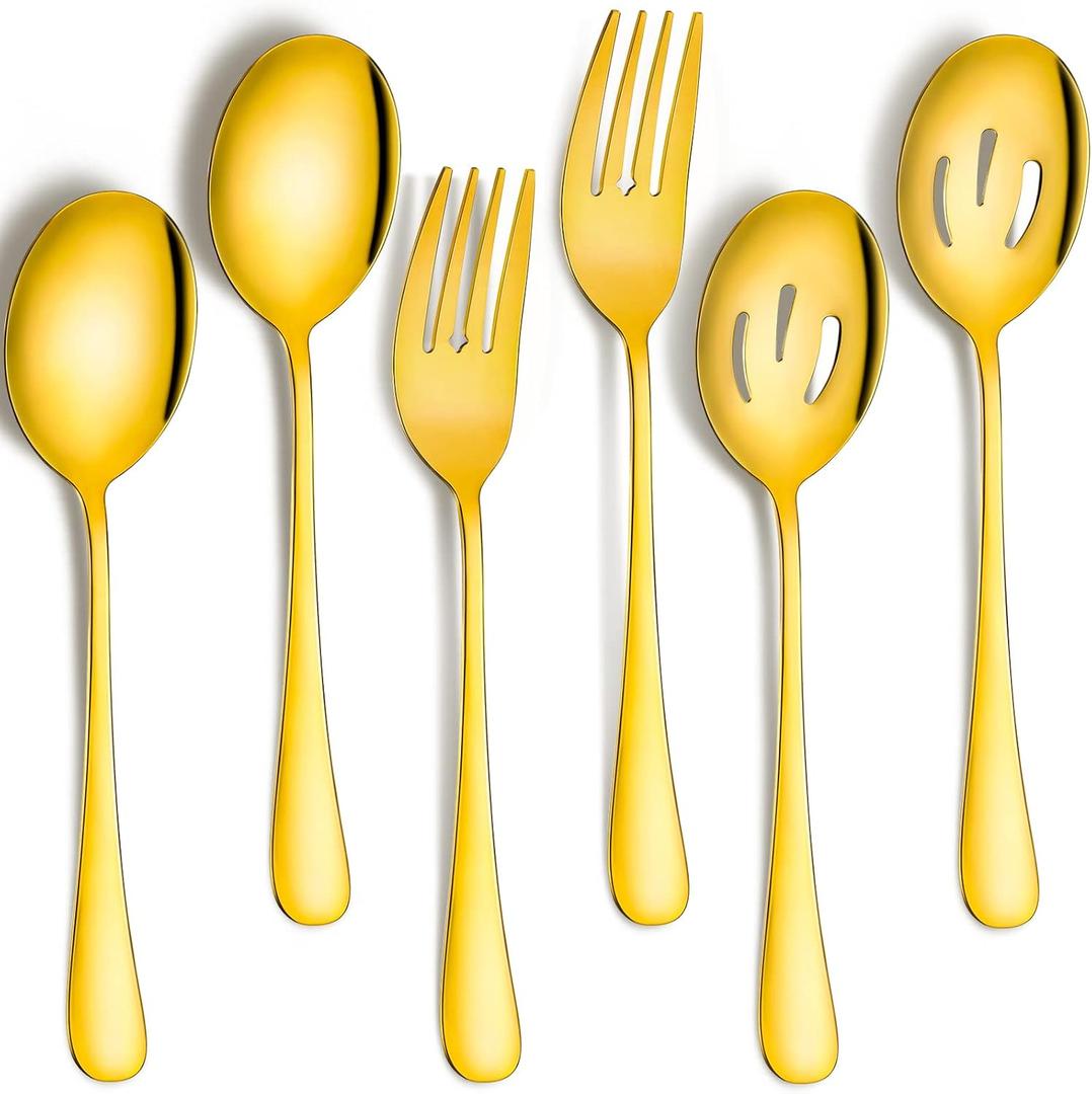 Patelai 6 Pack Serving Spoons Set Includes 4 Serving Slotted Spoons and 2 Forks Stainless Steel Buffet Dinner Restaurant Set for Party Banquet, 8.7 Inch(Gold)