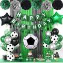 Soccer Party Decorations,Soccer Sports Theme Birthday Decorations,Include Green Black Party Balloons Happy Birthday Banner Fringe Curtain Tissue Paper Pompoms Garland