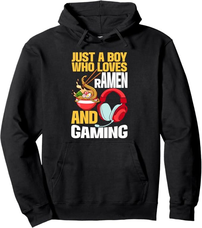 Just A Boy Who Loves Ramen And Gaming Japan Anime Video Game Pullover Hoodie (S, Black)