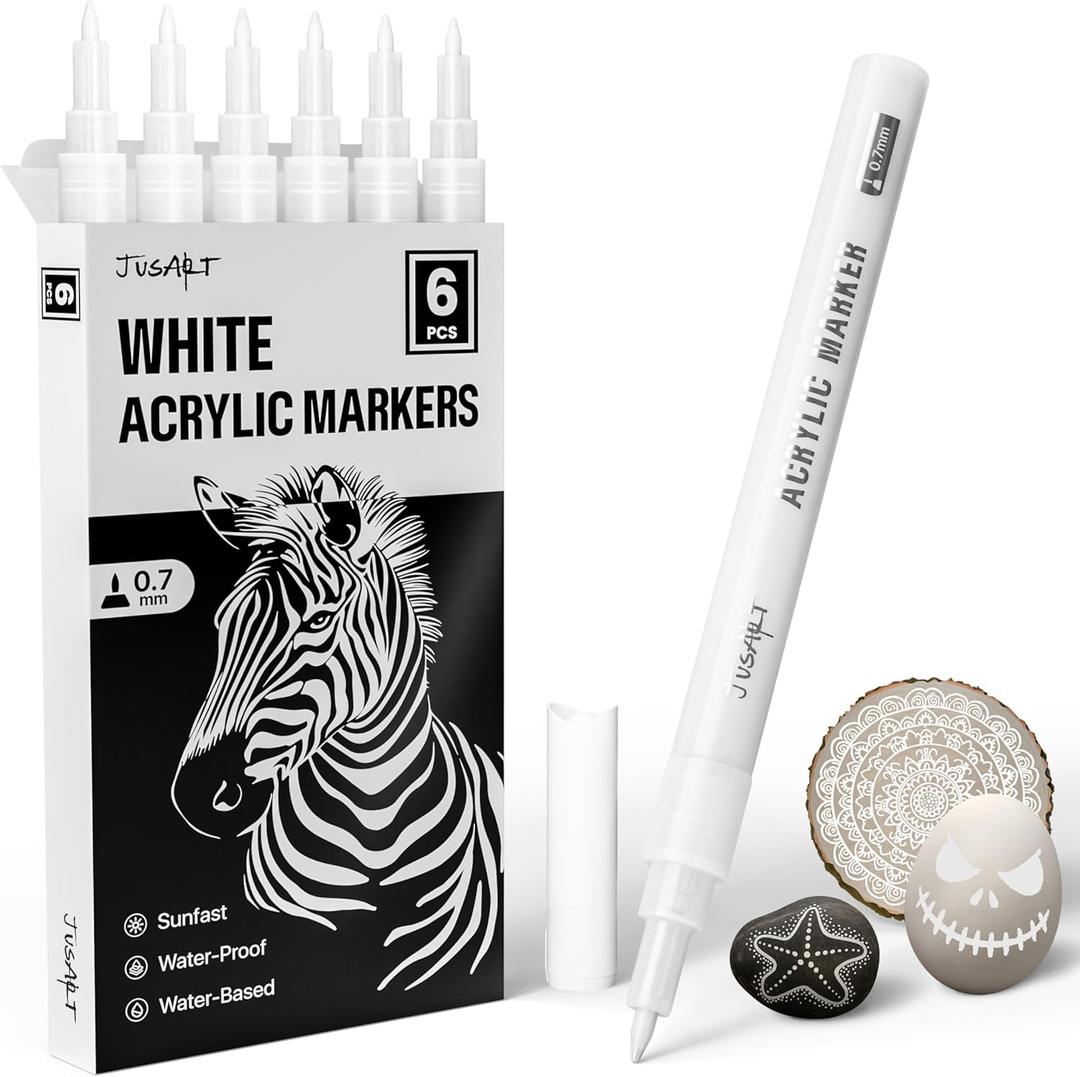 JusArt 5 Pack White Permanent Markers, 0.7mm Fine Point Acrylic Paint Pens for Rock Painting, Art Projects, Ceramic, Glass, Wood, Metal, Fabric, DIY, Ideal White Acrylic Marker for Art Supplies
