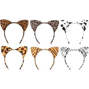 Lurrose 6pcs Plush Cheetah Leopard Grain Cat Ear Hairbands - Cosplay Hair Hoops and Headbands for Halloween, Festivals, Holidays