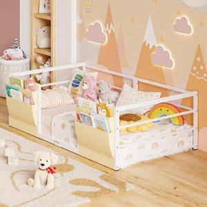 Timy Montessori Floor Bed for Kids with Safety Guardrails and Bedside Caddy, CB