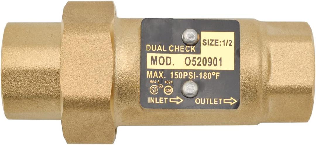 HYDRO MASTER Brass Dual Check Valve, 1/2" FNPT, Solid Brass, Max 150PSI-180F