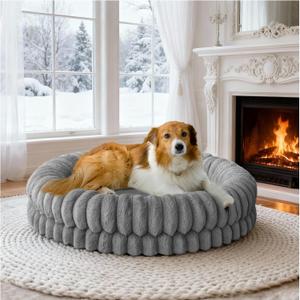 BALANCE Luxury Donut Dog Bed, 36 Inches Round Dog Beds Large Sized Dogs Washable, Orthopedic Calming Dogs Bed for Pets with Anti-Slip Bottom, Gray