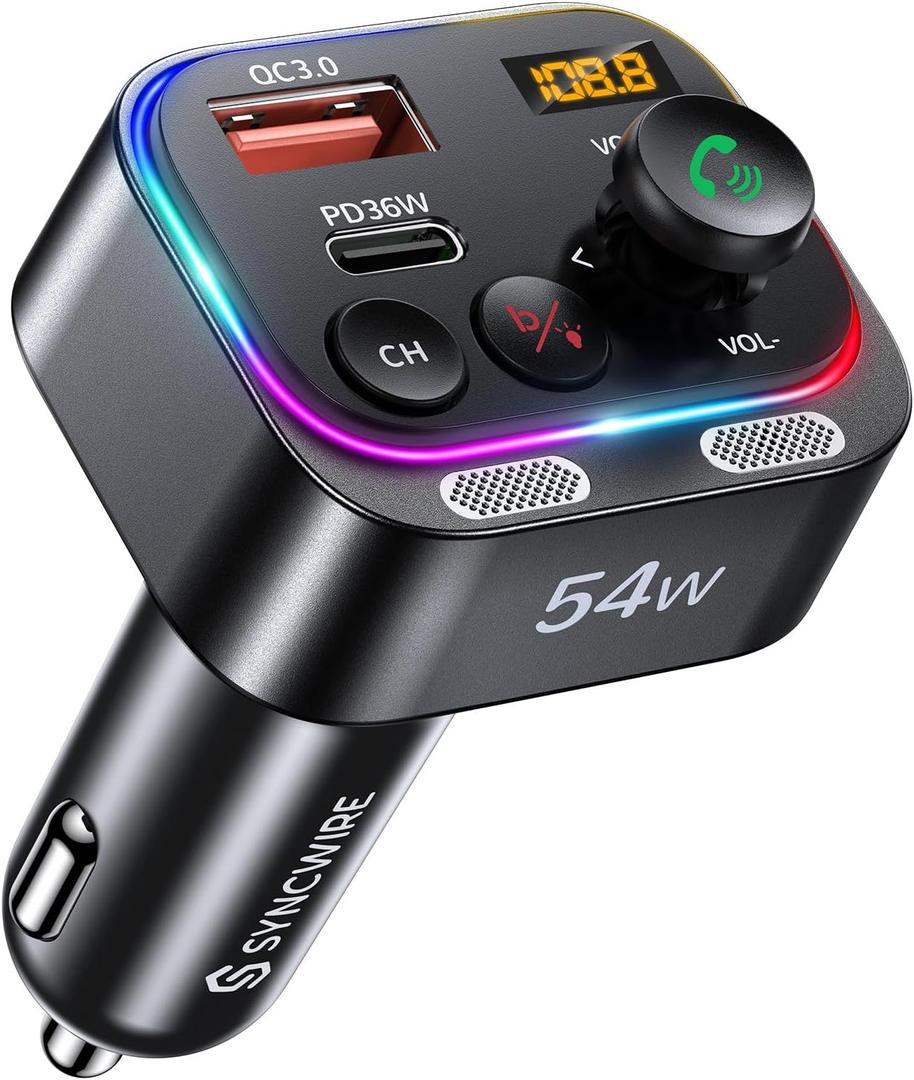 Syncwire Bluetooth 5.4 FM Transmitter Car Adapter 54W (PD 36W & 18W) [Stronger Dual Mics] [Light Switch] [HiFi Bass Sound] [Fast Charging] Wireless Radio Receiver Hands-Free Calling LED Display (Black)
