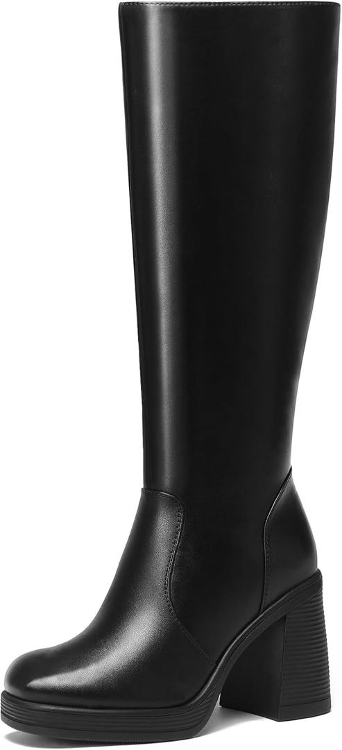 Knee High Boots Women Chunky Heeled Square Toe Boot Platform Tall Long Boots Side Zipper Gogo Boots, Tall, Size 8