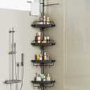 32-122inch Corner Shower Caddy Tension Pole Black, Rustproof Drill-Free Shower Shelves for Bathroom Bathtub Washbasin, Adjustable Shower Organizer with 4 Tier Patent Stable Shelves & Towel Bars