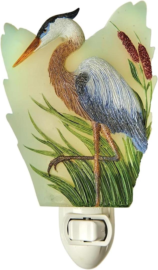 Bits and Pieces Blue Heron Night Light - Bathroom Night Lights Plug into Wall - Artistic Marsh Scene Bathroom Decor Home Decor, Soft Glow Bird Nightlight Bedroom - Rocker On/Off Switch
