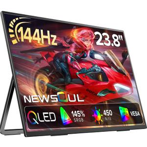 23.8'' QLED Portable Monitor 144Hz Gaming Monitor, 145%sRGB | 2000:1 | FreeSync Built-in Adjustable Stand, Speaker and VESA, USB-C HDMI Large Second Screen for Laptop, Mac-book, PC, Game Console
