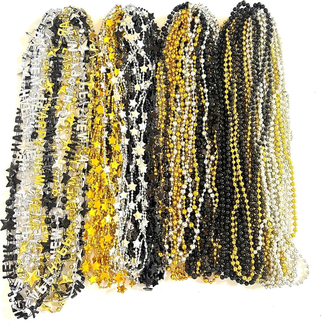 81 Pcs Happy New Year Beads Necklaces - Black, Gold, Silver - New Year Eve Bulk Accessories & Decorations