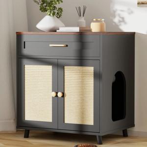Stylish Cat Litter Box Enclosure with Scratching Board and Storage Drawer, Black, 23.6"L x 17.7"W x 25.9"H