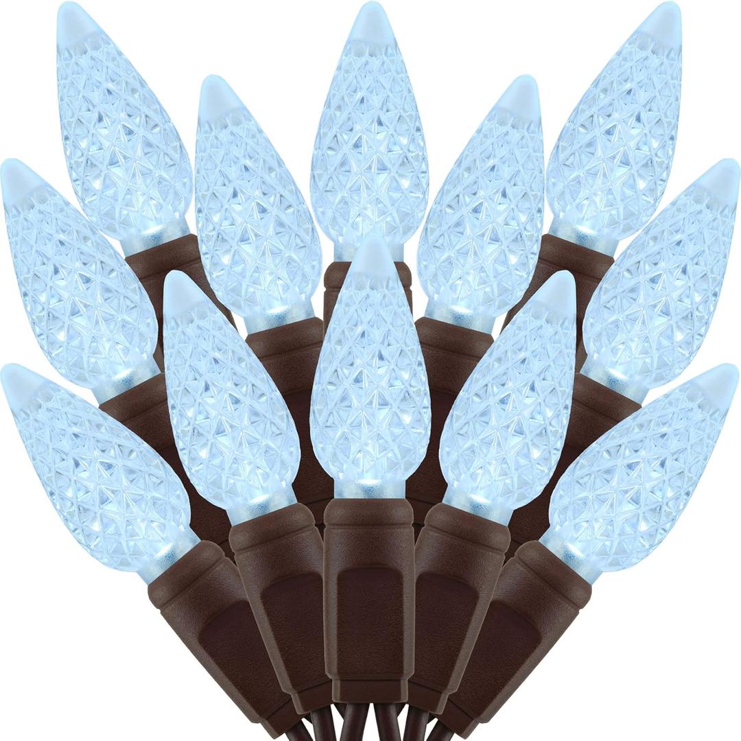 140 Cool White Strawberry One-Piece LED Christmas Lights, Pack of 2 Strands 70 Count 36 ft, High Waterproof UL Certified C6 Outdoor String Lights (Cool White - Brown Cord)