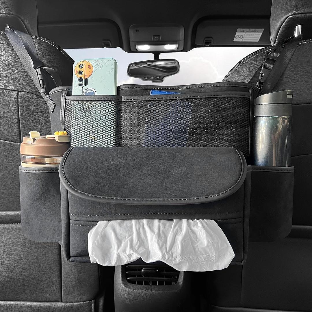 JEYODA Car Suede Seat Organizer High-capacity Seat Back Pouch Central Storage for Pickup SUVs Double-sided Tissue Storage Handbag Holder Car Accessories (Black)