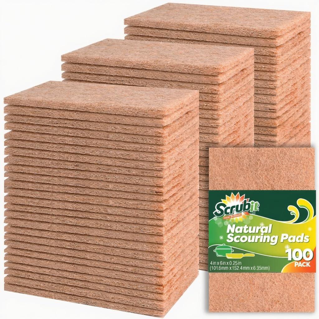 SCRUBIT 100 Pack Natural Scouring Pads - Heavy Duty Scrubbing Pads for Dishes - Non-Scratch - Reusable - Natural, Eco-Friendly, Biodegradable Sisal Brown Sponges for Dishes, Compostable