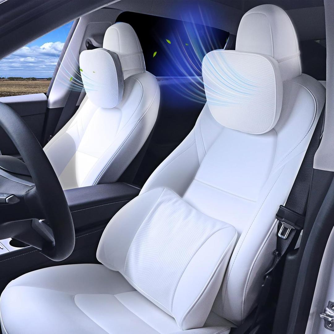 2 Package Automotive Headrest Neck Pillow fits Tesla Model Y S X 3 and Cybertruck Accessories, Automotive Neck Pillow and Waist Rest Combination(1 Headrest + 1 Lumbar Support) (White)