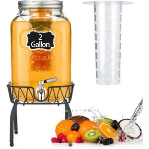 2 Gallon Glass Beverage Dispenser with Stand & Fruit Infuser, Stainless Steel Spigot - Glass Drink Dispensers for Parties, Drink Dispensers with Lids for Lemonade Sun Tea