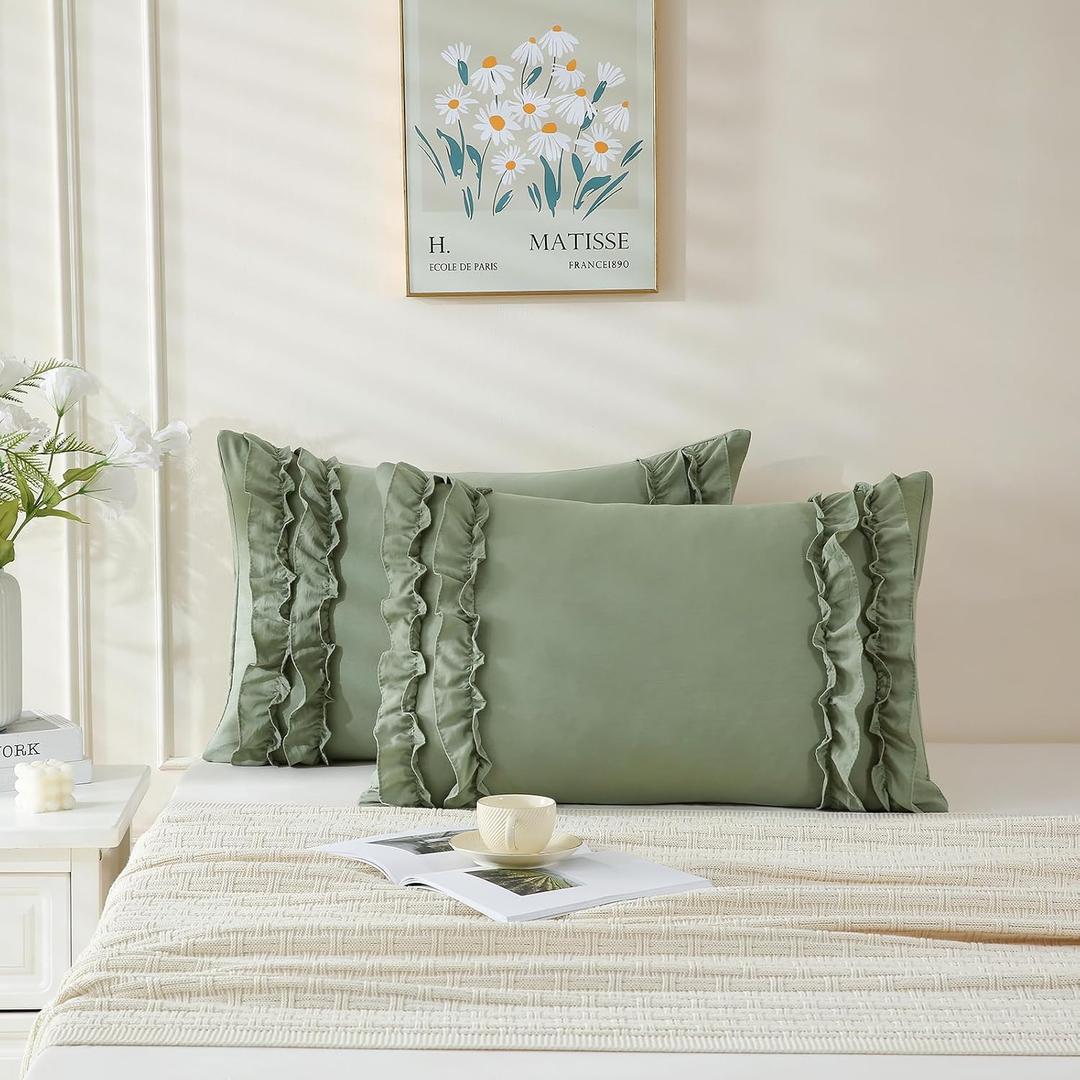Herside Sage Green Pillowcase King Size 2 Pack,Ruffle Pillow Shams,20x36 inches Chic Boho Pillowcases,French Country Vintage Ruffled Cute Pillowcovers Set of 2 Soft Microfiber