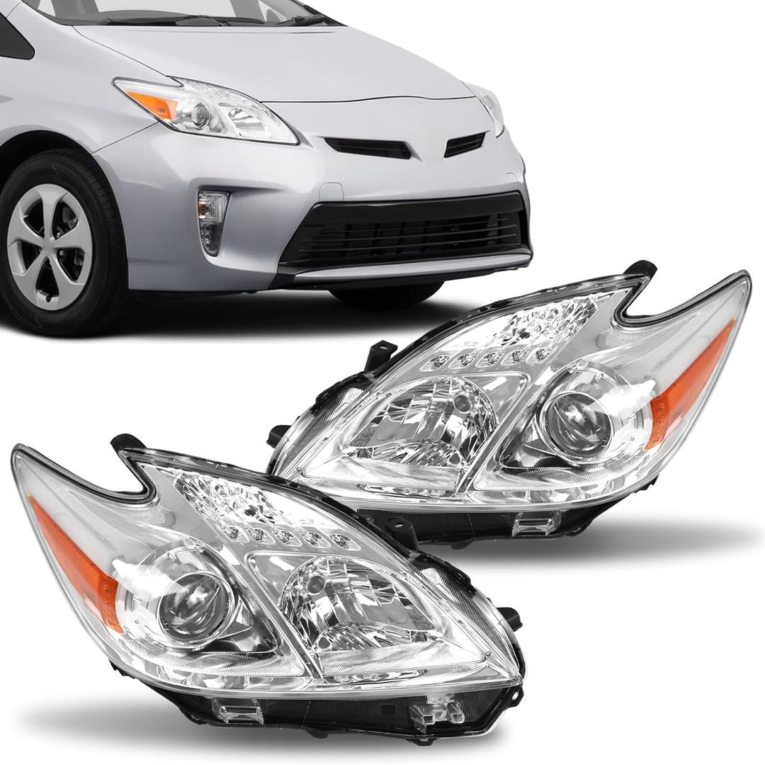 Headlight Assembly Compatible with 2012-2015 Toyota Prius Replacement for 8117047520 8113047520, Headlamp Head Lights Lamp Chrome Housing Clear Lens Left & Right Side -Not Fit for Prius C&V
