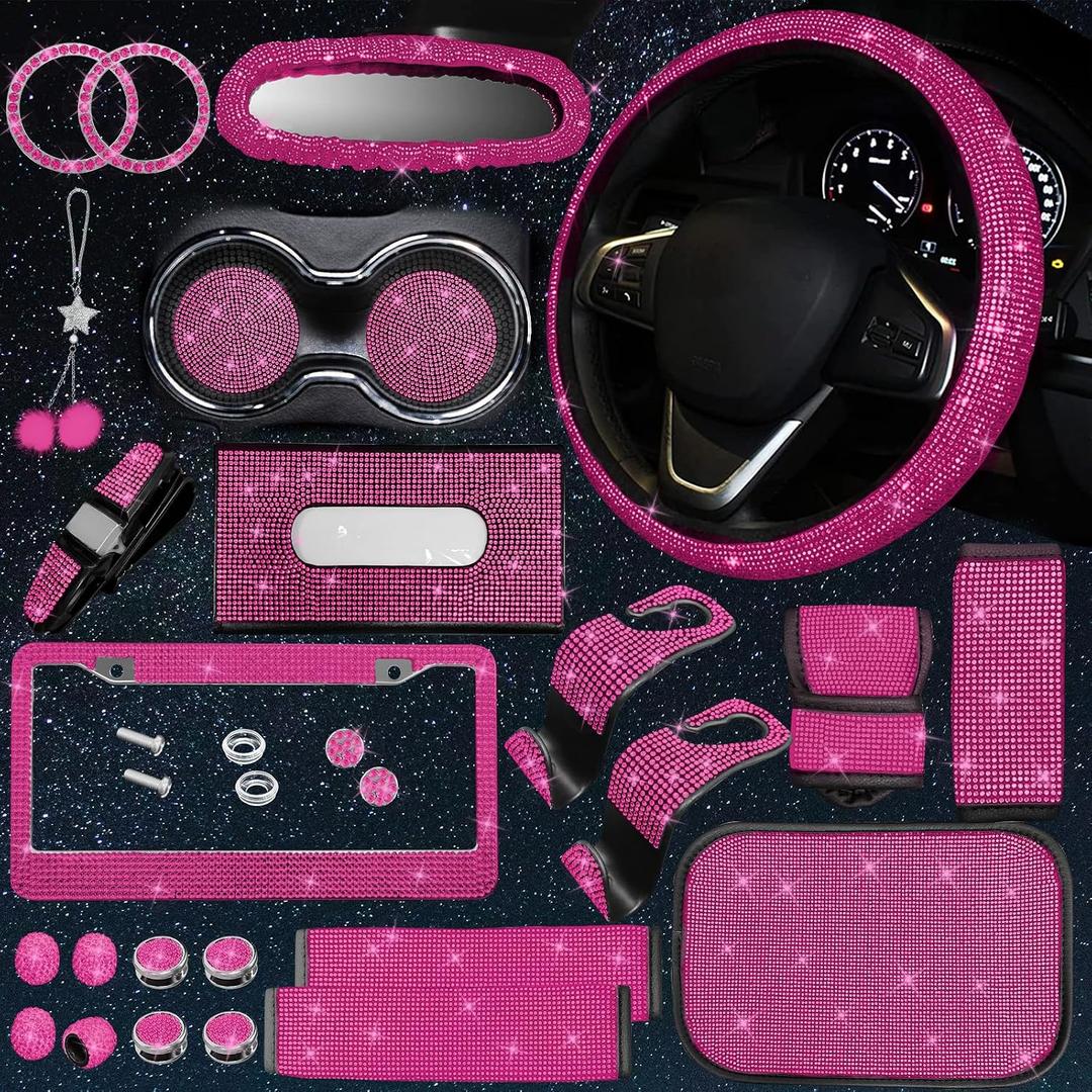 25PCS Bling Car Car Accessories Set,15 Inch Steering Wheel Cover,Shiny License Plate Frame,Center Console Cover and Rearview Mirror Set and Other Car Accessories(Rose Pink)