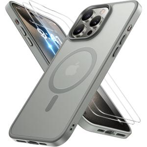 Miracase Magnetic for iPhone 15 Pro Case 6.1 inch (Compatible with MagSafe)with 2X Screen ProtectorsMilitary-Grade Protection, Anti-Fingerprint Translucent Matte Phone Cover, Gray
