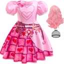 Kids Rise Red Costume Girls Bridget Pink Princess Dress Younger Queen of Heart Cosplay Outfit for Halloween Party (7-8 Years)
