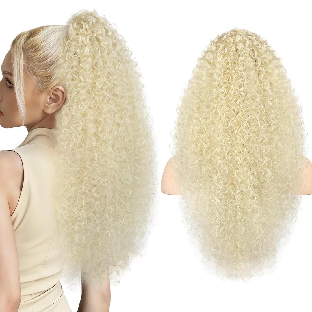 REECHO Ponytail Extension - 26" Long Curly 2-in-1 Claw Clip & Drawstring Ponytail Hair Extensions 100% Super Protein Pony Tail Hairpieces for Women - Natural Blonde
