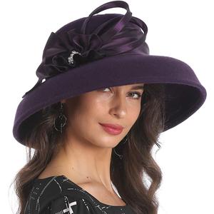 Women Wool Felt Dress Party Hats for Fall, Winter Church Hats 1920s 1950s 60s (Down Brim-Purple)