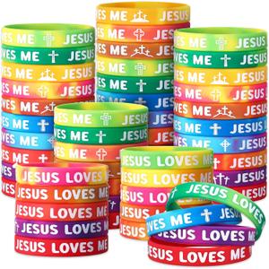 50 Pcs Jesus Loves Me Wristbands Bulk 10 Styles Rainbow Religious Silicone Bracelets Christian Cross Silicone Wristbands Gift for Bible School Church Group