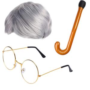 Beefunny Old Man Wig and Glasses Grandpa Costume Accessories Inflatable Walking Cane 100th Day of School Starter Kit (SILVER)