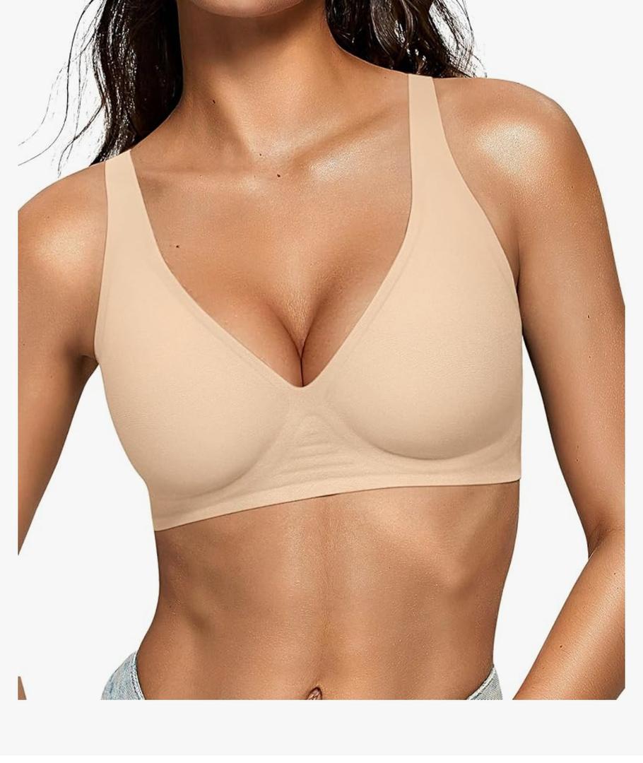 OEAK Womens Deep V Bras Wireless Comfortable Bra Supportive No Underwire Bras Tshirt Push Up Bralettes Plunge Seamless Bra Medium Beige
