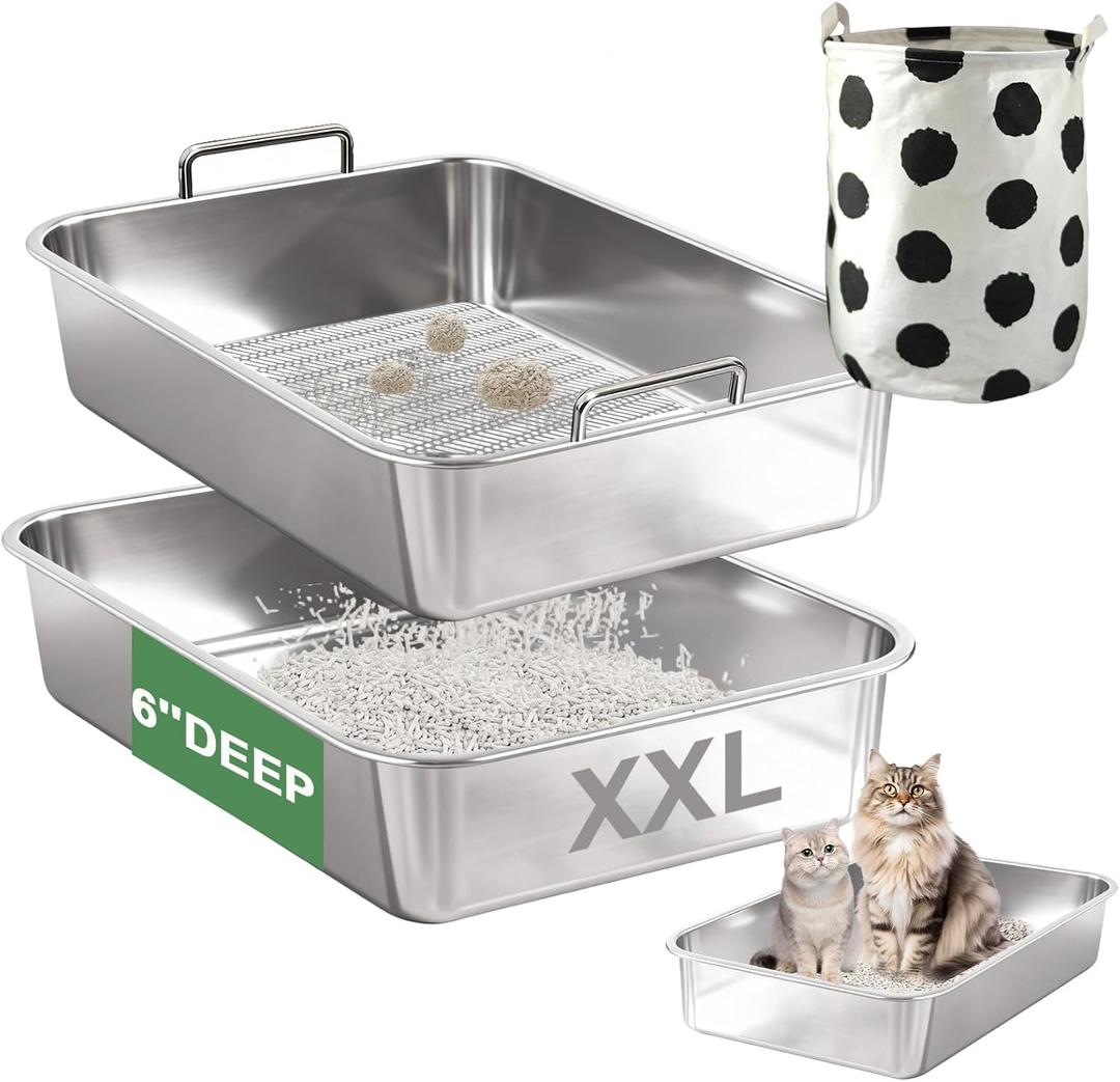 Stainless Steel Sifting Litter Box for Clumping Clay Litter, Extra Large Metal Sifting Litter Pan with Handles, Easy Cleaning-23.6''L x 15.7''W x 6''H