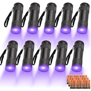 10 Pcs UV Black Light Flashlights Bulk, 9 Led 395-400nm Mini Blacklight Handheld Portable Torch Pet Urine Detector for Bed Bug, Hair, Dog Cat Urine and Stains Batteries Included