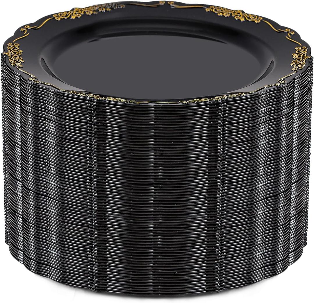 DaYammi 60PCS Black and Gold Plastic Plates, Heavy Duty Black and Gold Disposable Plates Premium 7.5 inch Dessert Cake Salad Appetizer Plate Hard Plastic Plate Disposable for Party Wedding