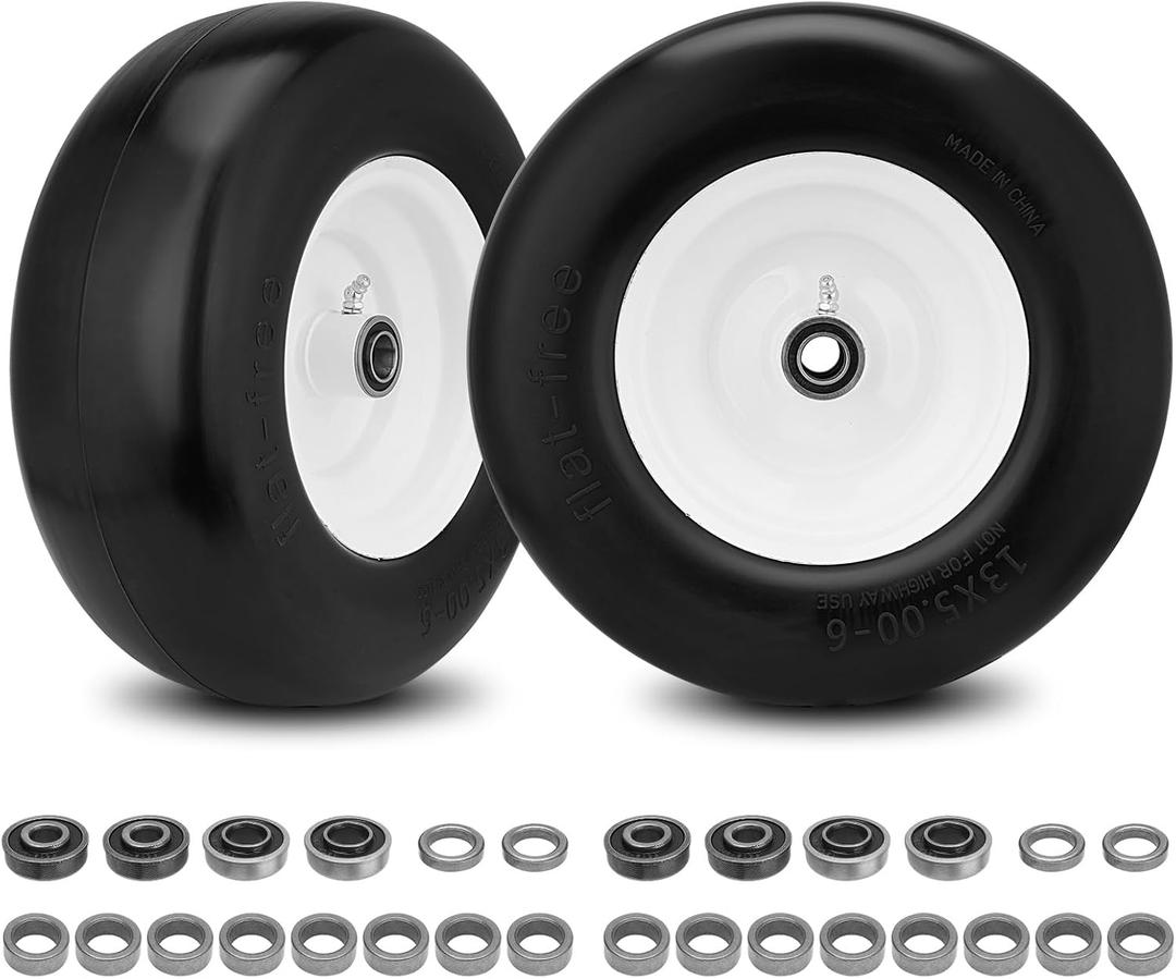 2PCS 13x5.00-6 Flat Free Tire and Wheel with 1/2" & 3/4" & 5/8" Precision Bearings and 3.25"-6.9" Centered Hub, White Front Zero-Turn Smooth Tire Replacement for Riding Lawn Mowers Garden Tractor