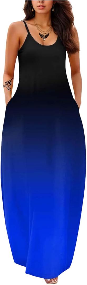 Fussangshu Women's Summer Maxi Dress Long Dress Casual Boho Sleeveless Strap Smocked Tiered Long Beach Sun Dresses (Blue, XL)