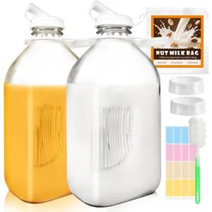 2 Pack 64 Oz Glass Milk Bottles with Nut Milk Bag & 2 Pour Spout & 2 Airtight Lids & Brush- 1/2 Gallon Heavy Duty Jug Pitcher Large Reusable Container for Milk, Juice, Water, Coffee for Refrigerator