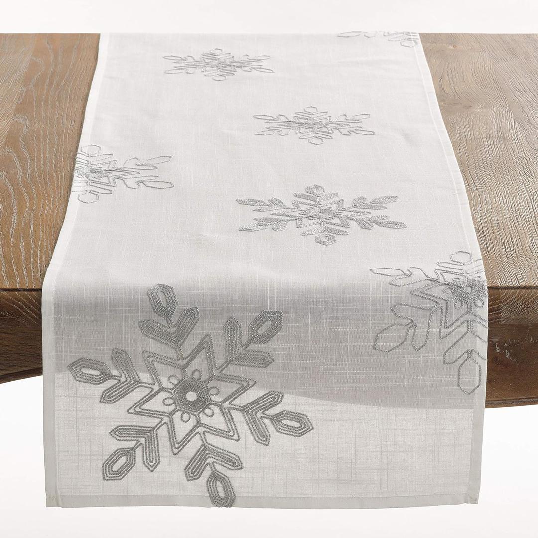 Saro Lifestyle Embroidered Snowflakes Table Runner, 16"x70", Silver