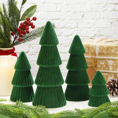 Aneco 4 Pack Velvet Ceramic Christmas Tree Christmas Indoor Decorations Modern Cone Xmas Tabletop Decor for Home Entryway Table Mantel Centerpiece Winter Holiday Party Supplies, Green