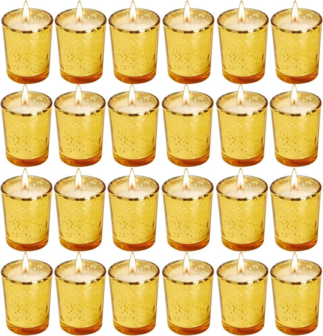 Soft Breeze 24 PCS Speckled Mercury Golden Glass Votive Candle, Unscented Gold Glass Candle, Christmas Decorations Wedding for Table Home Birthday Anniversary Candles,Golden Color