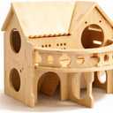 Improved Safety Large Balcony Small & Cute Wooden Hamster House with Large Balcony Double-Decker Forest-Style Hut for Dwarf Hamsters, Mice, Gerbils, Rats & Small Pets (Compact Size Only)